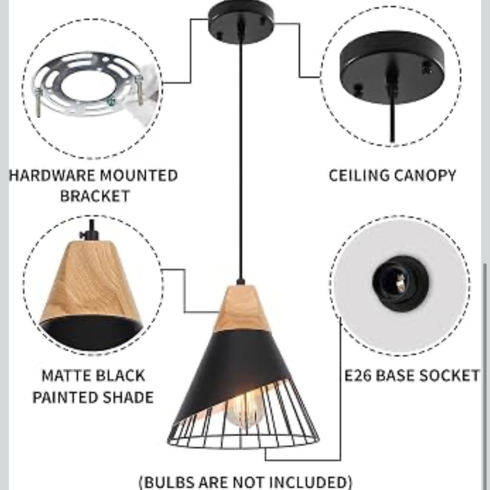 NEW Mxsaoud 2pc Modern Farmhouse Black Pendant Light Wood Hanging Fixture E26 - Picture 5 of 8